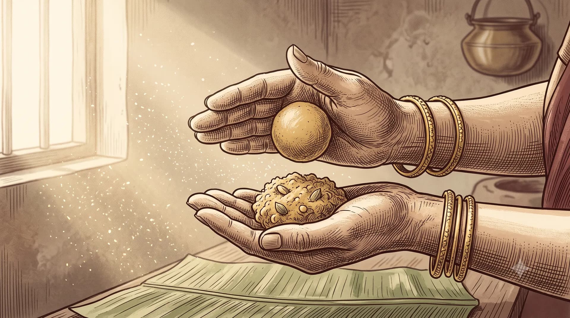 Amma's hands rolling a laddoo over a banana leaf